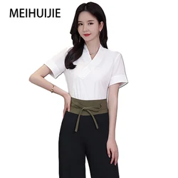 Kosmetikerin Kleidung für Klassische Gürtel Design Tops Hosen Anzug Frauen Uniform Salon Gesundheit Club Fußbad Techniker Overalls