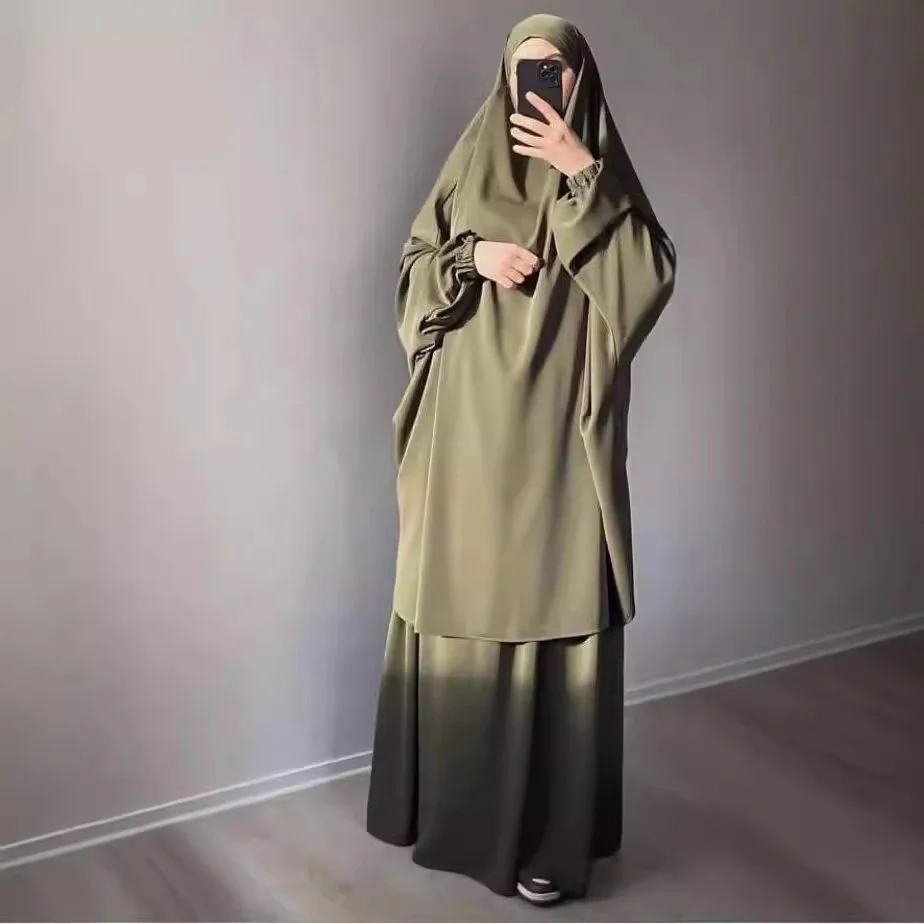 Muslim Sets Two Pieces Prayer Clothing Long Hooded Smocking Sleeve Shirts Loose Maxi Skirts Muslim Jilbab Hijab Women Abaya Sets