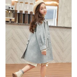 Blends Children Girl Wool Coat Jacket For Spring Autumn 2023 New Fashion Single-Breasted Turn Collar Big Pockets Solid Coats