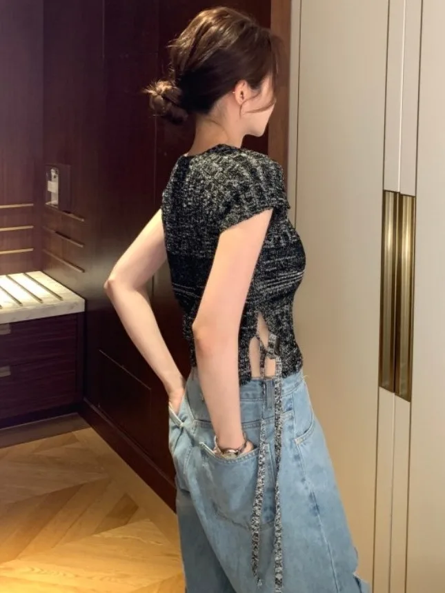 Summer Chic Slim Fit ort Sve Knitted Top Women's round Ne Slit Faionable High End Feeling Trendy Casual Wear