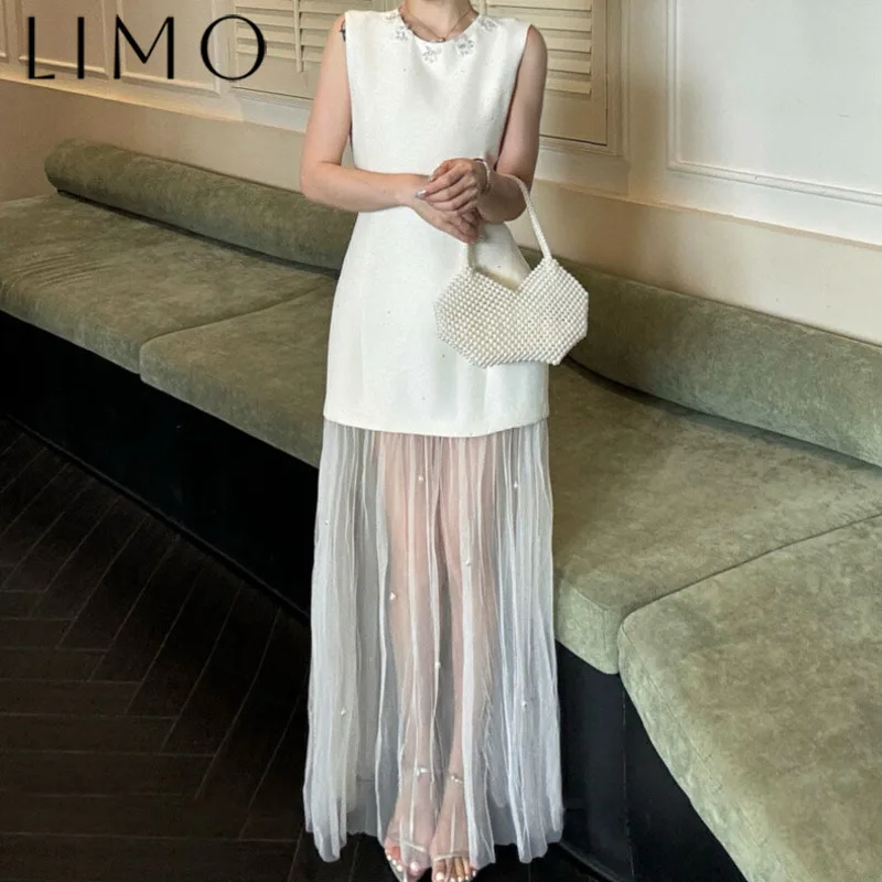

LIMO Spring Summer 2025 Luxury Floral Beaded Evening Gown Sleeveless Patchwork Mesh Elegant Party Dress Solid Color