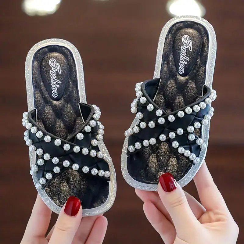 2024 Summer Children's New One Word Pearl Casual Slippers Girls Soft Sole Non Slip Outdoor Beach Slippers Home Slippers