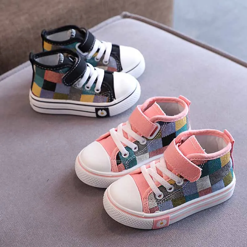 2023 Autumn New Hook Canvas for Kids Fashion Plaid Sneakers Boys Casual Shoes Girls Non-slip Outdoor Footwear Children\'s Shoes