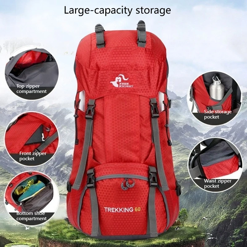 

Outdoor 60L Backpack for Trekking Camping, Heavy Duty Wear Resistant, Unisex Large Travel Pack with Rain Cover