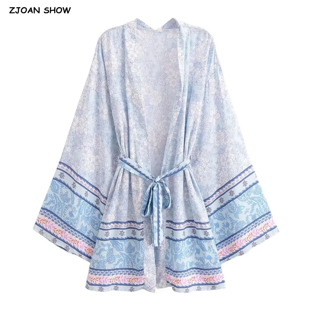 BOHO Women Light Blue Contrast color Flower Print Kimono Shirt Holiday Beach Tide Bow Sashes Mid Long Cardigan Blouse Beach Tops