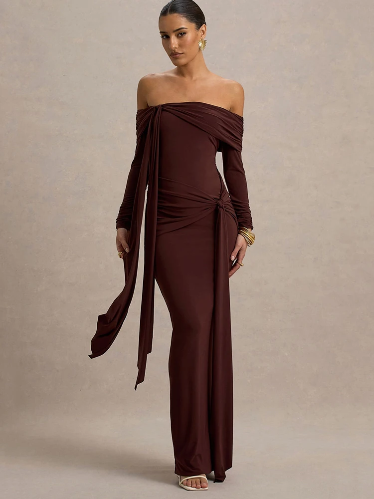 

Sibybo Off Shoulder Long Sleeve Maxi Dress Women Gown Slash Neck Bandage Backless Elegant Partywear Sexy Bodycon Dresses Vestido