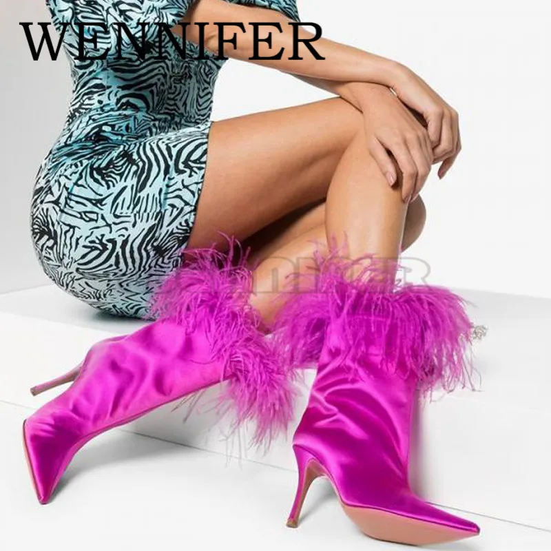 Summer Ostrich Feather Mid-Calf Women Boot Pointy Silk Slip-On Ankle Boots Women Runway Night Club Party Thin High Heel Booties