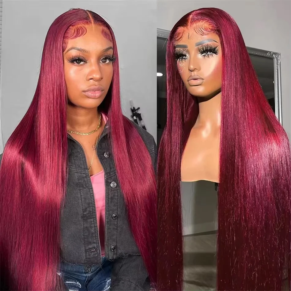 34 36 Inches straight 99J Burgundy 13x6 HD Lace Frontal Human Hair Wigs 200 Density Brazilian Red Colored Wigs For Women