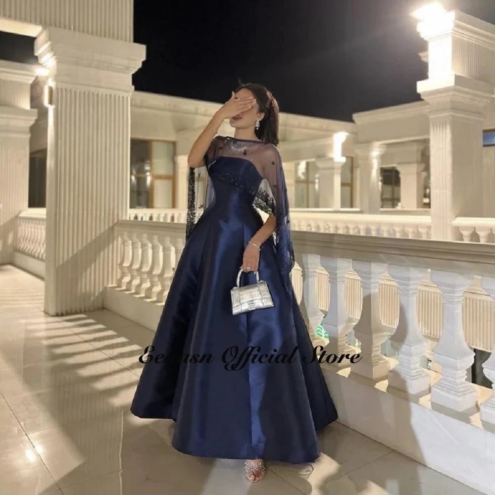 Navy Blue Satin Evening Dress Detachable Shawl Saudi Arabic A-line Long Prom Party Dresses Women Birthday Gowns Customized