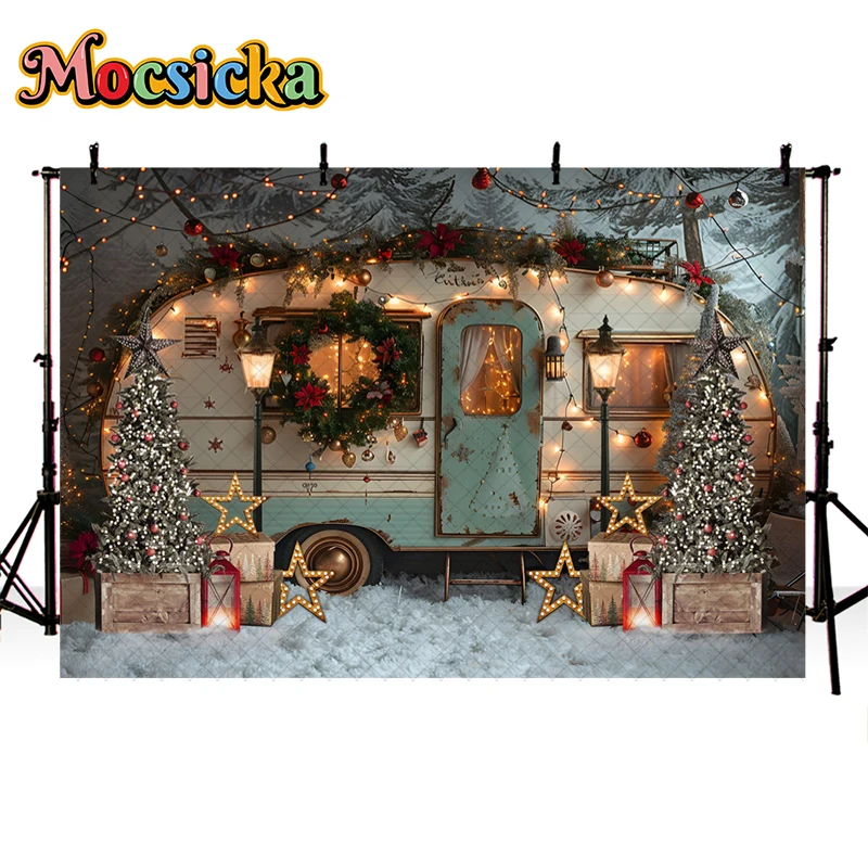 Mocsicka Winter Christmas Car Photography Background Camping Forest Xmas Trees Kids Family Portrait Decor Backdrop Photo Studio