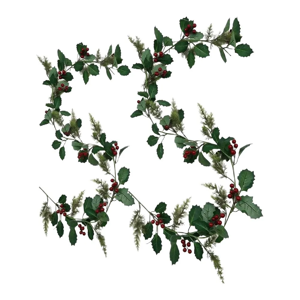 2Pcs 175cm Artificial Christmas Garland With Holly Berries Pine Sprigs Flexible Wire Vine For Home Party Holiday Decoration
