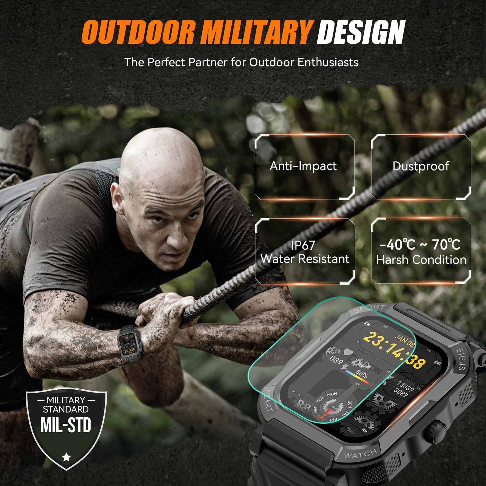 EIGIIS 2025 Smart Watch for Men with1.91''Outdoor Sports Waterproof Fitness Tracker with Heart Rate Blood Pressure Monitor