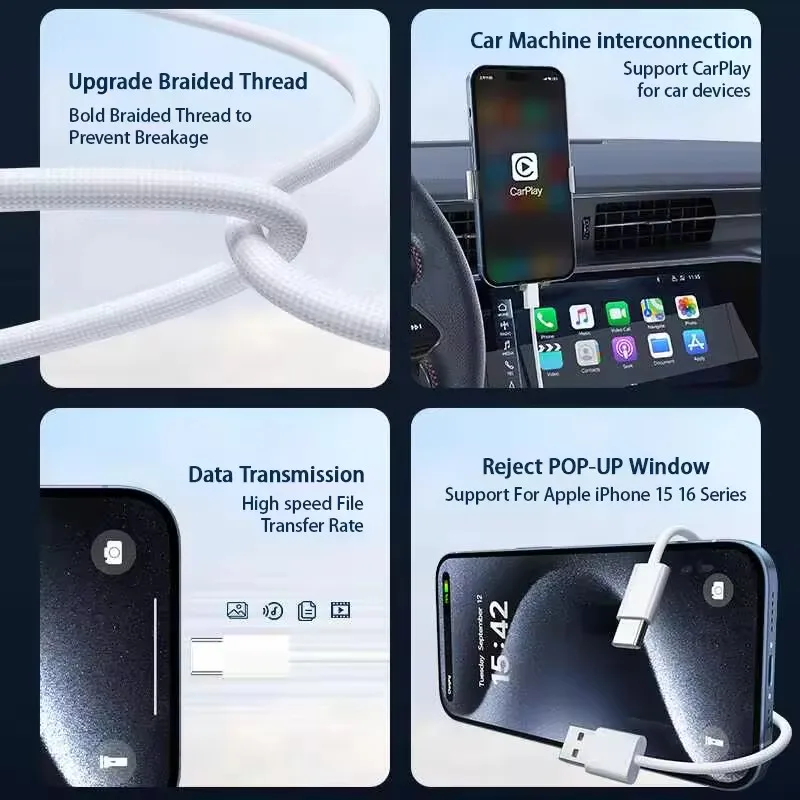 Для Apple Carplay IPhone 15 Pro Max Тип C Зарядные кабели Нейлоновая оплетка Высокоскоростной провод для передачи данных USB C Шнур быстрого зарядного устройства для Samsung