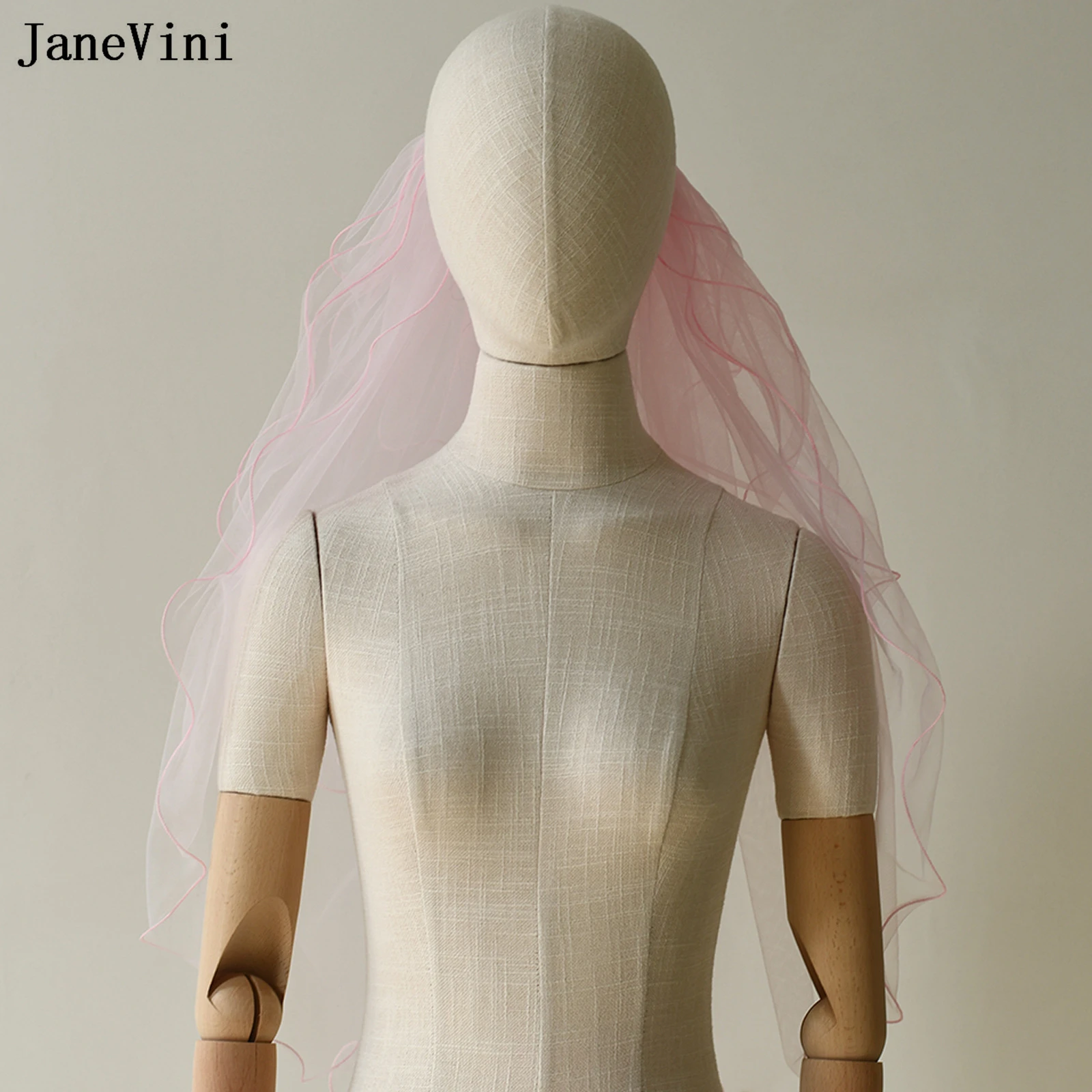 JaneVini New Romantic Pink Short Bridal Veils with Comb Multilayer Tulle Elbow Length Veil Korean Bride Wedding Hair Accessories