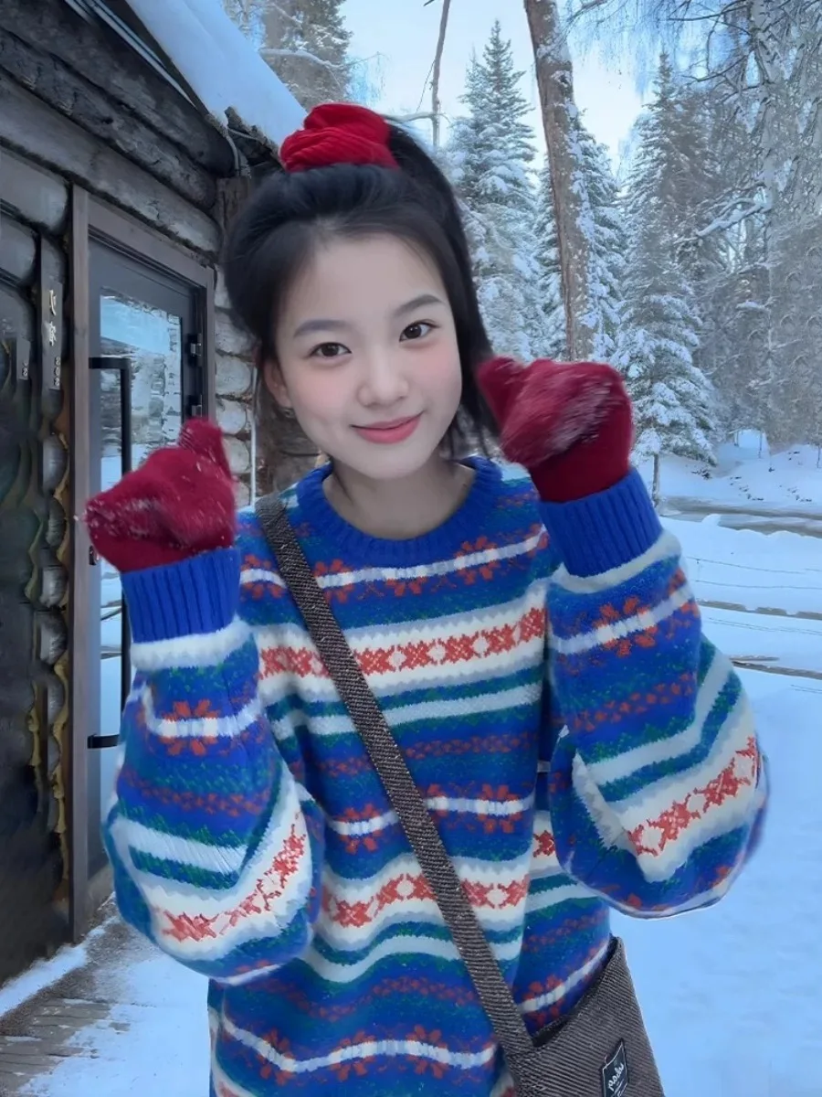 

Корейский женский свободный крой в стиле ретро, мягкий свитер Island, синий вязаный топ на осень и зиму, удобное тепло