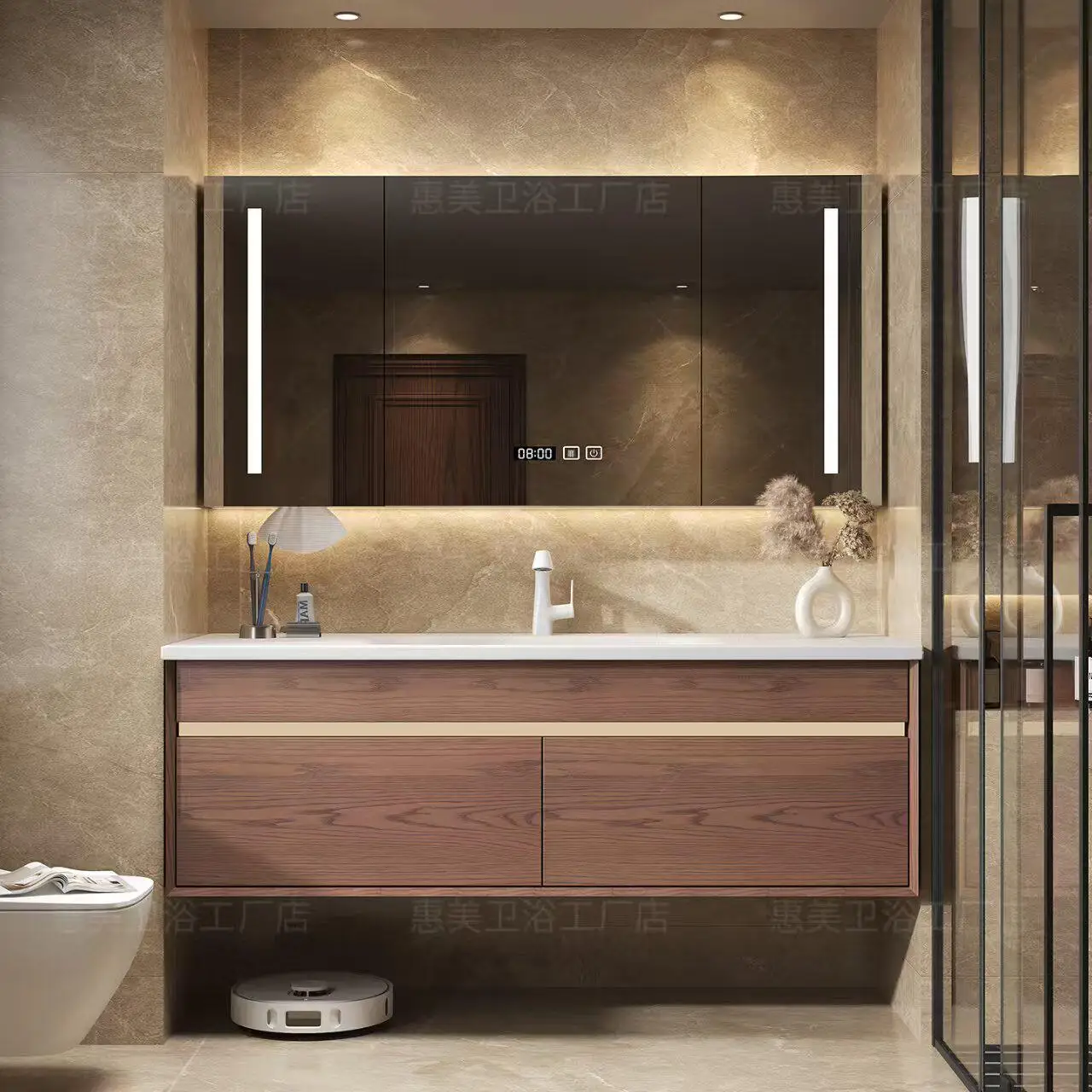 

Комплект мебели для ванной из красного дуба, бесшовная раковина из белой каменной плиты, тумба под раковину.