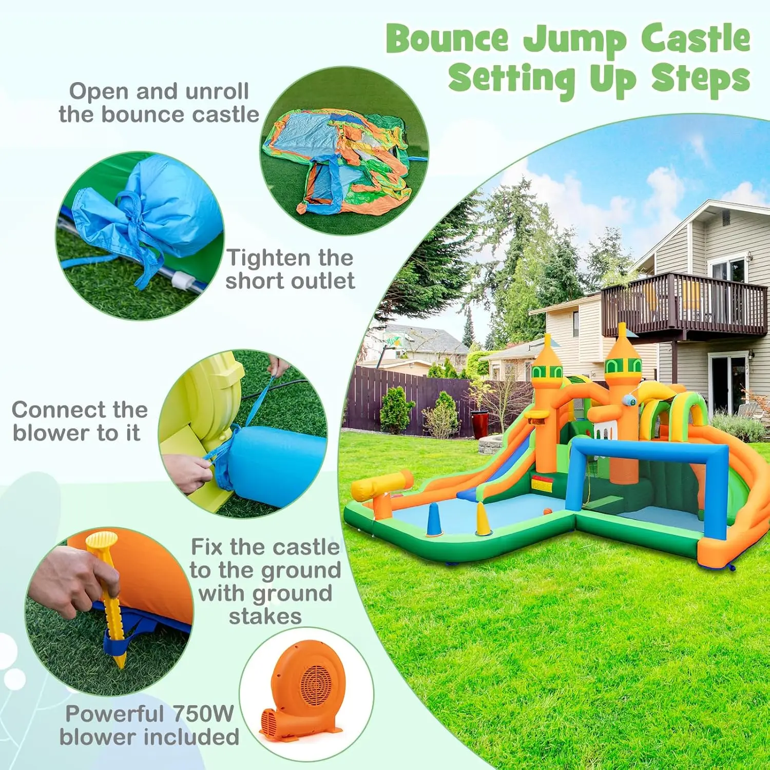Nadmuchiwana zjeżdżalnia wodna, 9 w 1 zjeżdżalnia wodna Bounce House z podwójnymi zjeżdżalniami, basen plusk, ściana wspinaczkowa, bramka do piłki nożnej, woda Sli