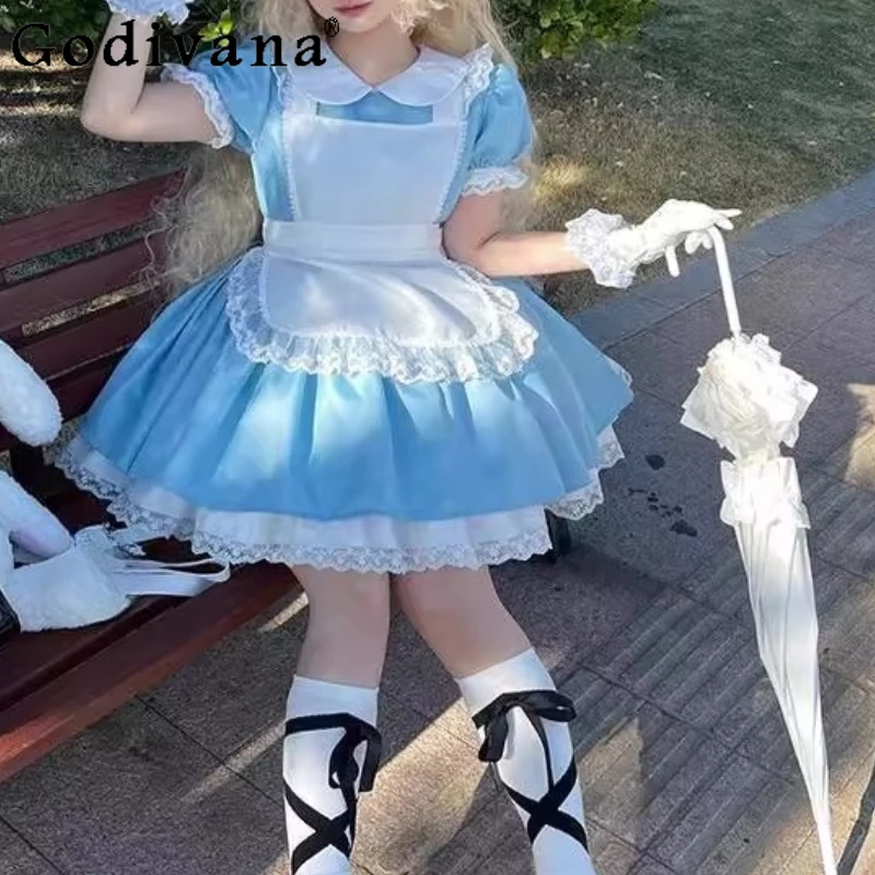

L-4XL Large Size Spring Summer Lolita Maid Uniform A-line Lace Fairy Princess Dress Girls Temperament Daily Japanese Dresses