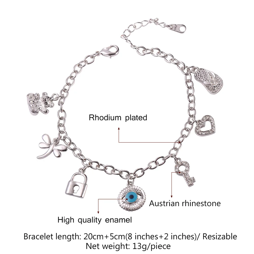 U7 Charm Bracelet Cute Bear Heart Key Evil Eye Slippers Dragonfly Trendy Silver Color White Rhinestone Bracelet For Women QC24