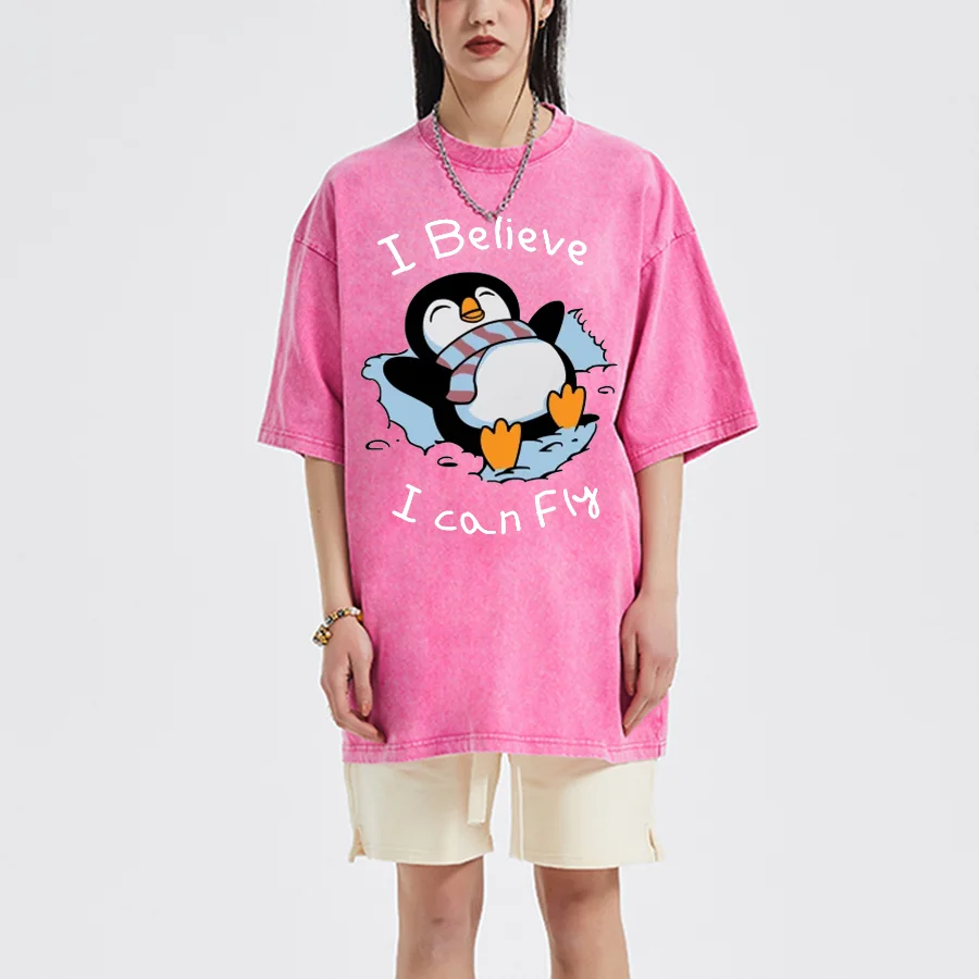 Bonito Padrão Pinguim Impresso T-shirt, Harajuku Lavado Tops de Manga Curta, Várias Cores, Algodão Marca De Luxo T-shirts, Streetwear