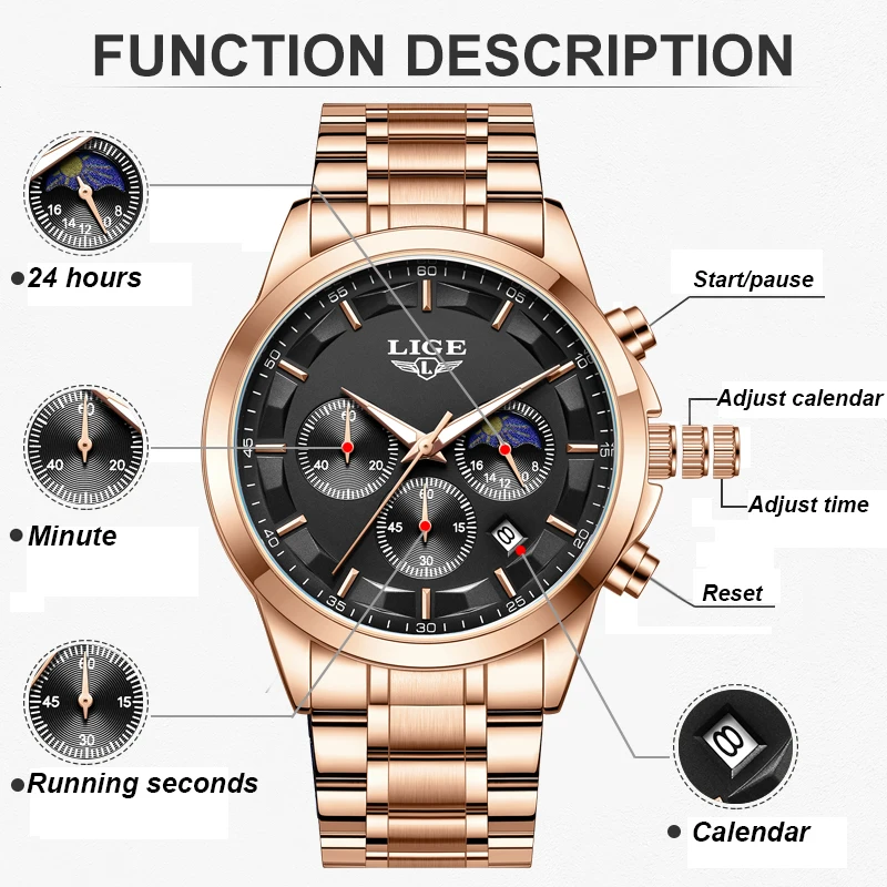 LIGE Fashion Casual Watch For Men Outdoor Sport Waterproof Luminous Men Watch Stainless Steel Chronograph Quartz Wristwatch Men