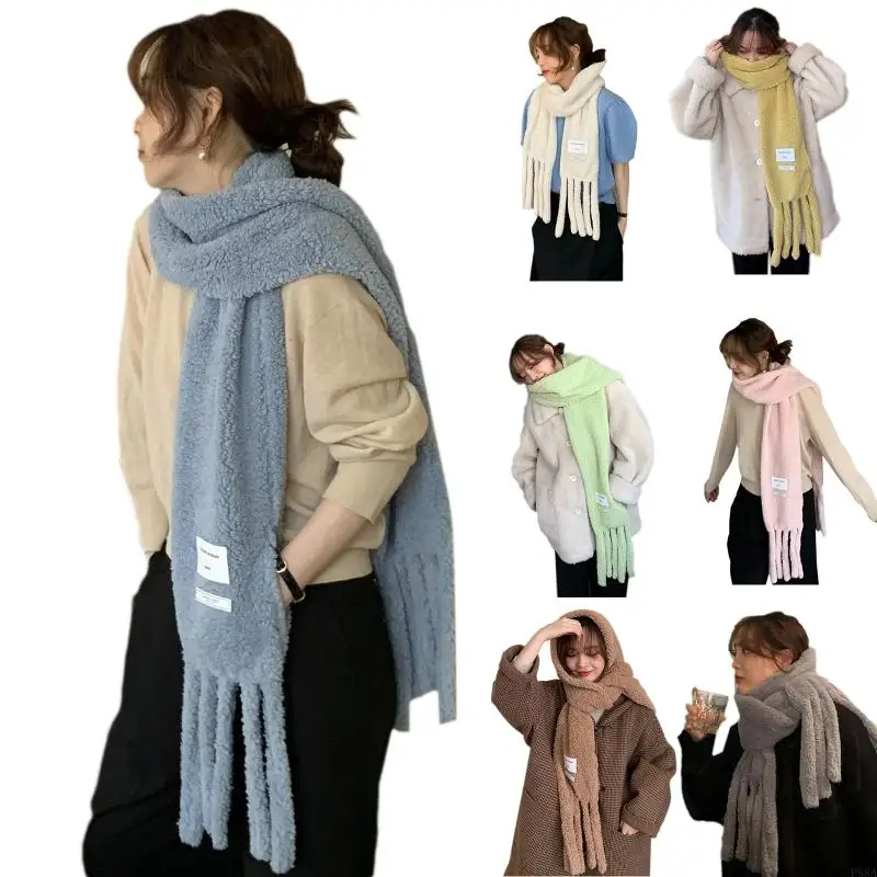 P88A Winter Warm Scarf Plush Scarf With Pocket Casual Scarf For Women Solid Color