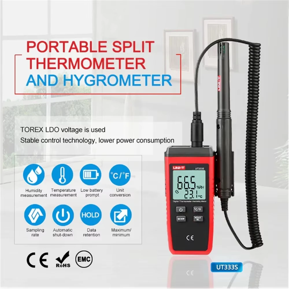 Medidor de humedad y temperatura UNI-T UT333S, termómetro Digital 2 en 1, higrómetro, probador de Sensor de temperatura y humedad de tipo dividido
