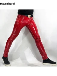 Mauroicardi Spring Autumn Skinny Fitted Sexy Shiny Reflective Stretchy Red Patent Pu Leather Pants Men Y2K Streetwear Clubwear