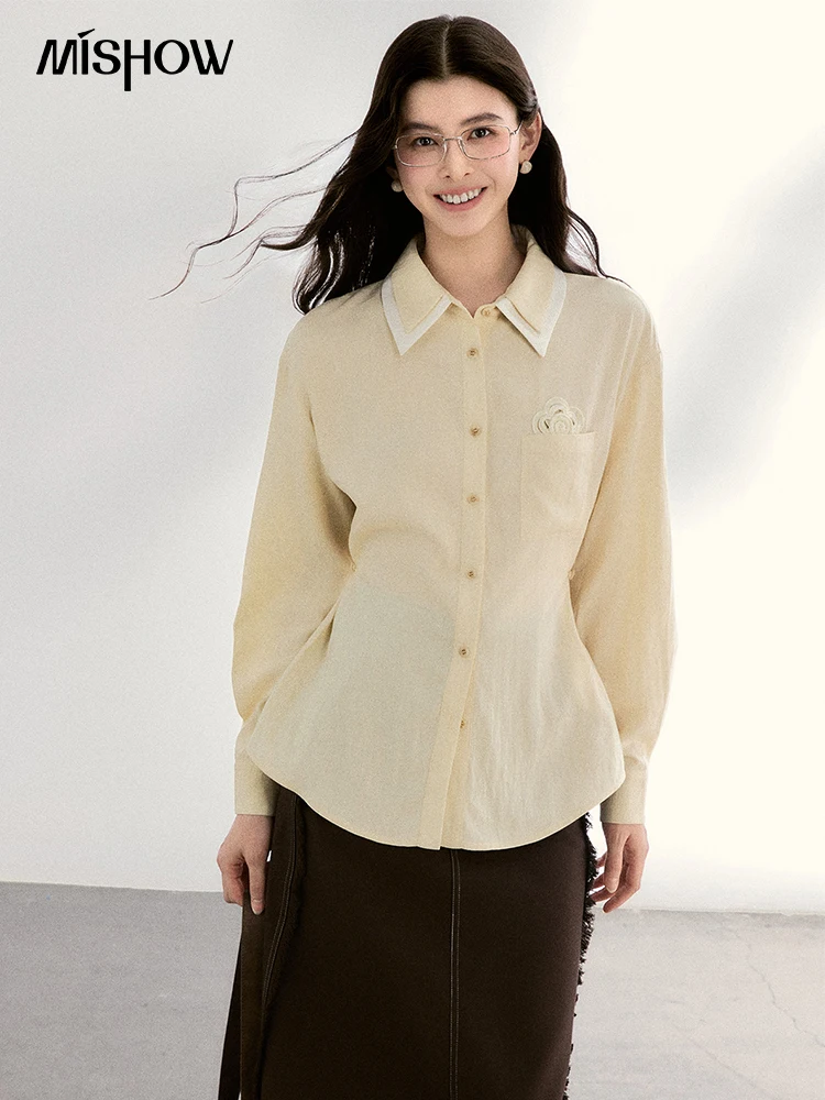 

MISHOW Women's Contrast Trim Lapel Collar Shirts 2026 Spring Floral Embroidery Pocket Decor Button Waist Casual Shirt MXF13C2440