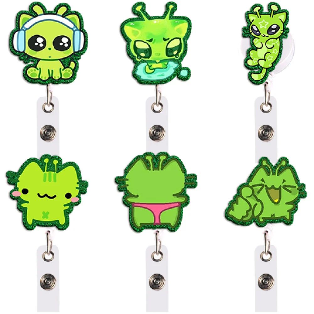 Alien Airship Color Glitter Acrylic Reel Clip Card Holder Permit Name Badge with Keychains Student Accessories