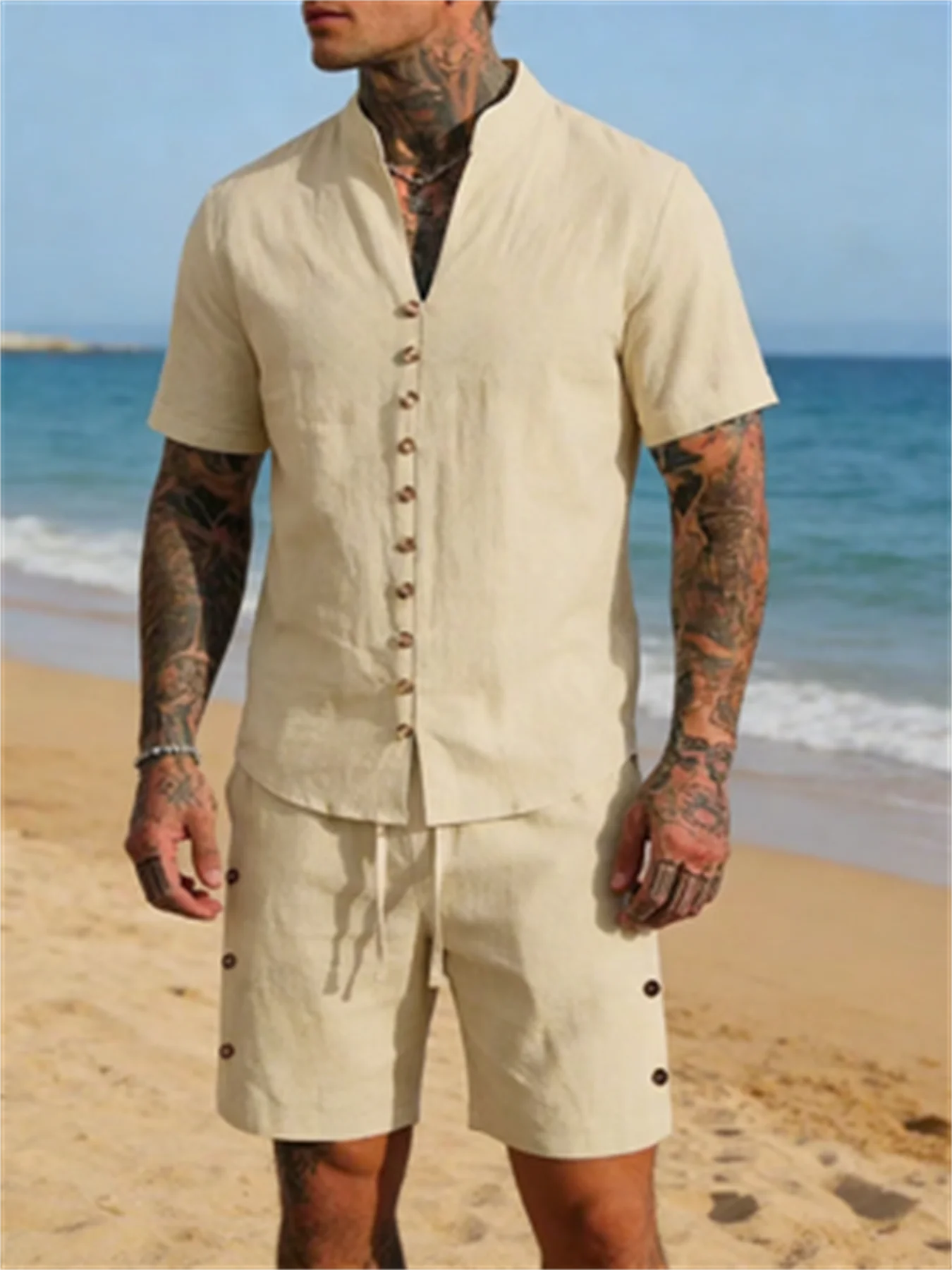 

New Style Summer Men's Casual Shirt Shorts Sets Comfortable Loose Stand Collar Short Sleeve Shorts Beach Suit Fashion Men Suit