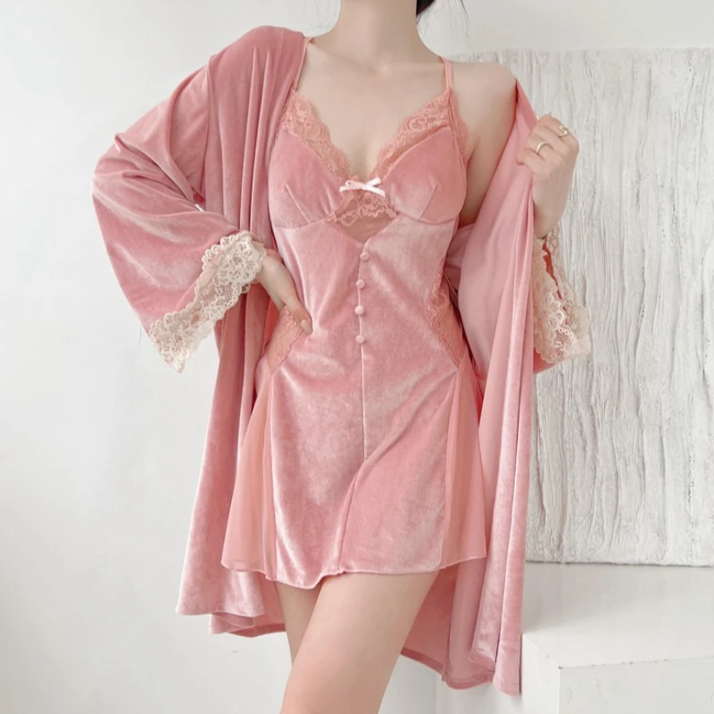 

Velvet Robe Suit Women Velour Lace Kimono Bathrobe Nightgown Loungewear Spring Two Piece Dressing Gown Sleepwear Lingerie