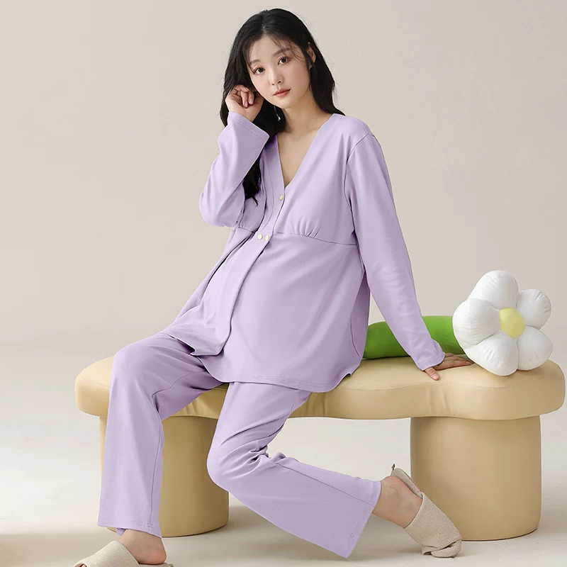 

Cotton Nursing Sleepwear Sets for Maternity Spring Autumn Loose Breastfeeding Pajamas for Pregnant Women Bras Free Homewear Suit