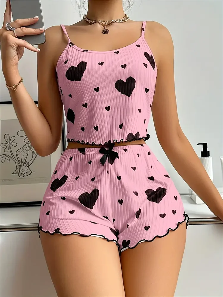 5 Größen zur Auswahl: S, M, L, XL, 2XL, Damen-Pyjama-Set, Träger, Nachtwäsche, Weste + Shorts, rote Herz-Druck-Nachtwäsche, sexy Dessous