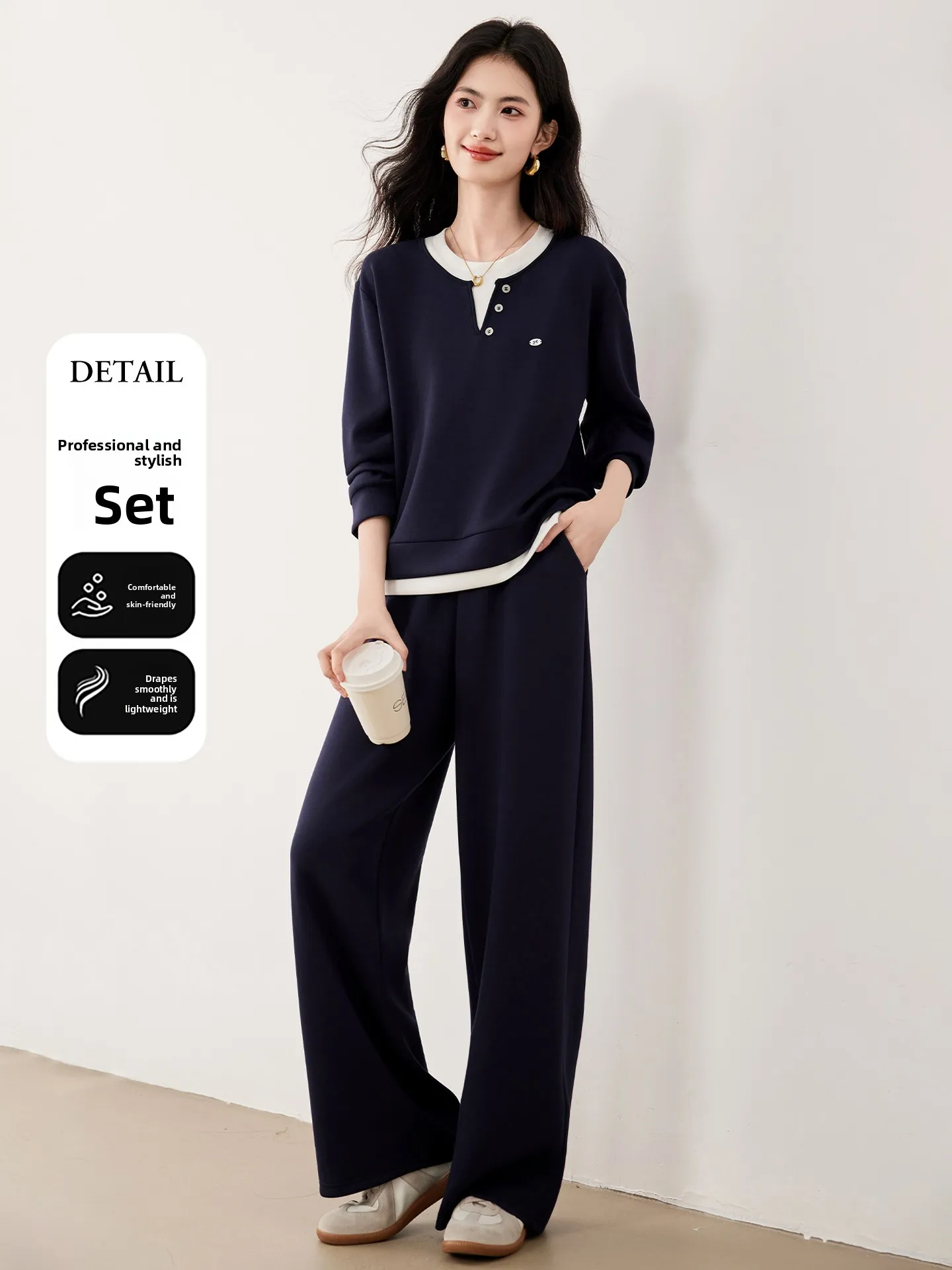 

Модный повседневный женский комплект из двух предметов, осеннее новое поступление, футболка в тон, одинаковые широкие брюки, хлопковые брюки средней длины