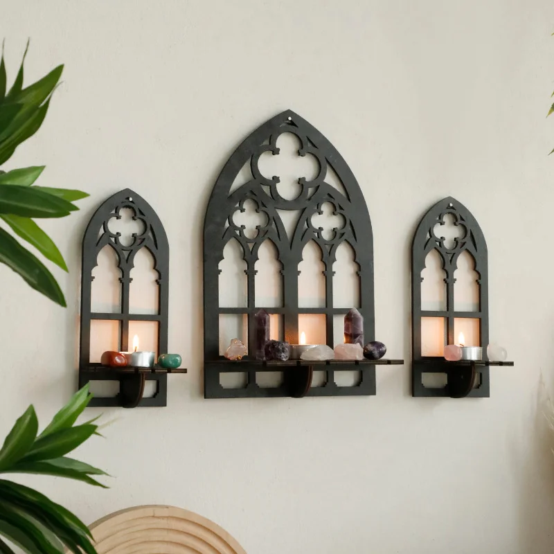 

Wooden Crystal Display Stand Bohemian Hand Stand Gothic Style Wooden Hanging Bracket Wall Storage Holders Decorative Shelves