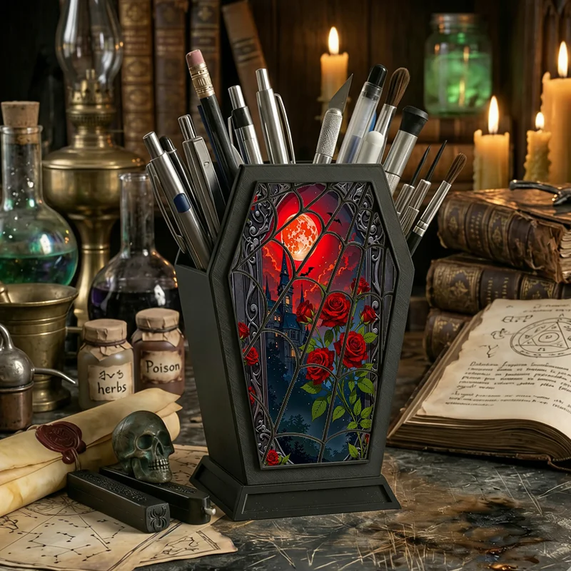Gothic Coffin Pen Holder Red Blood Moon Vampire Castle & Rose Print Desktop Organizer, Spider Web Pattern Stationery Storage Box
