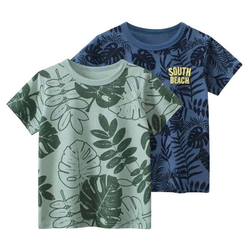 2025 Summer New Leaf Print T Shirt for Boys Short Sleeve Kids Clothes Beach T-Shirts Clothes Cotton Tops Sea Wear Dropshipping