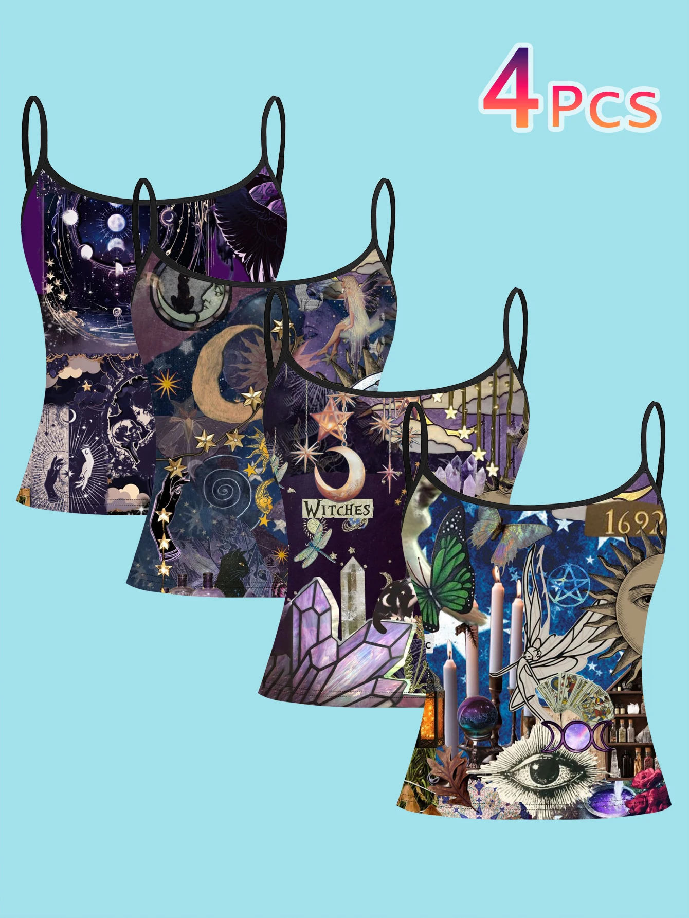 4-Piece Set of Witch-Themed Collage Print Camisoles for Women, Mysterious Star and Moon Crystal Vintage Art Slim-Fit Spaghetti Strap Tops
