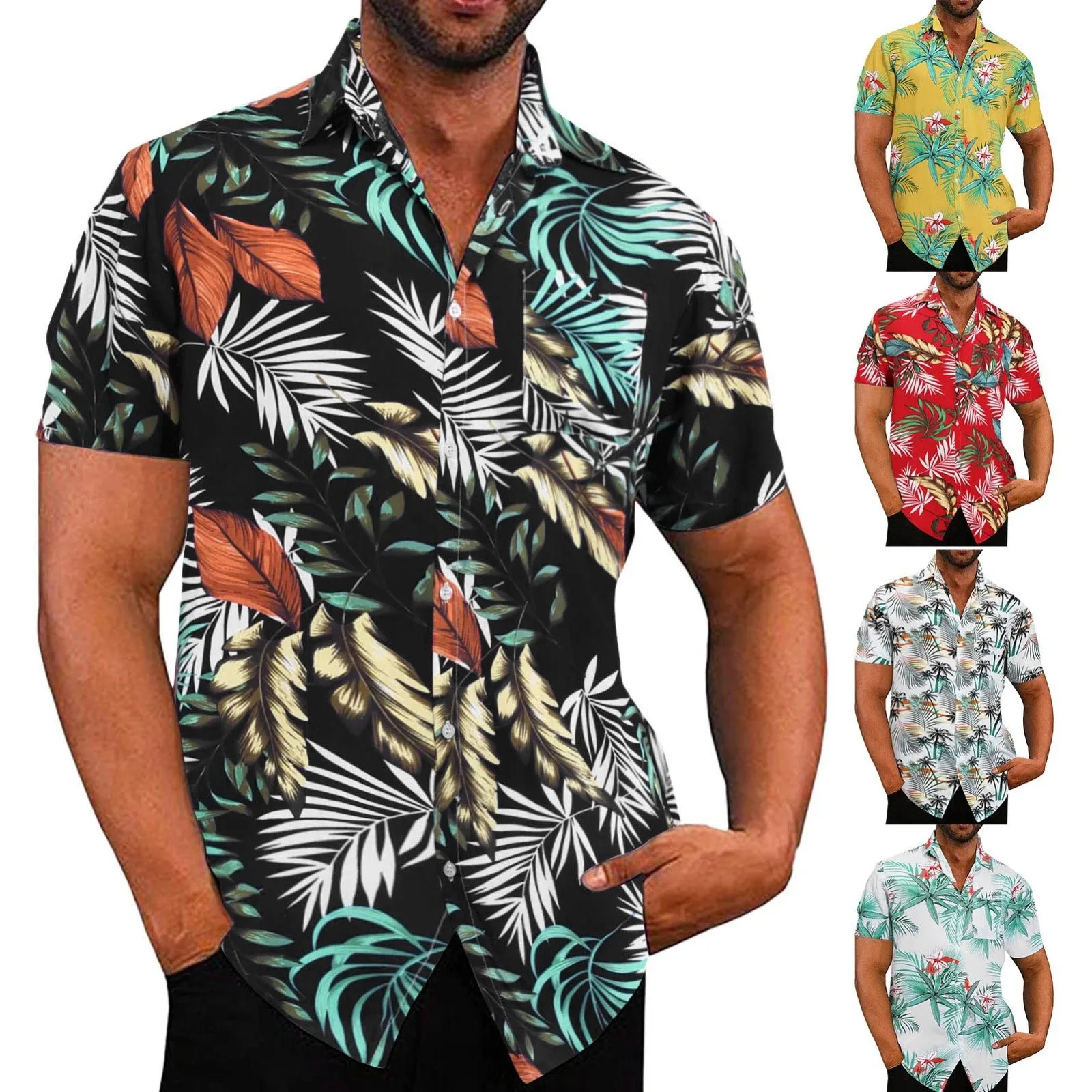 Mens Hawaii Beach Shirts Floral Print Short Sleeve Turn Down Collar Single Breasted Shirt Summer Loose Hawaiian Tropical Shirt