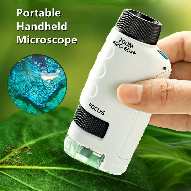 Pocket Microscope Kids Science Toy Kit 60-120x Educational Mini Handheld Microscope with LED Light Outdoor Children Stem Toy Poc