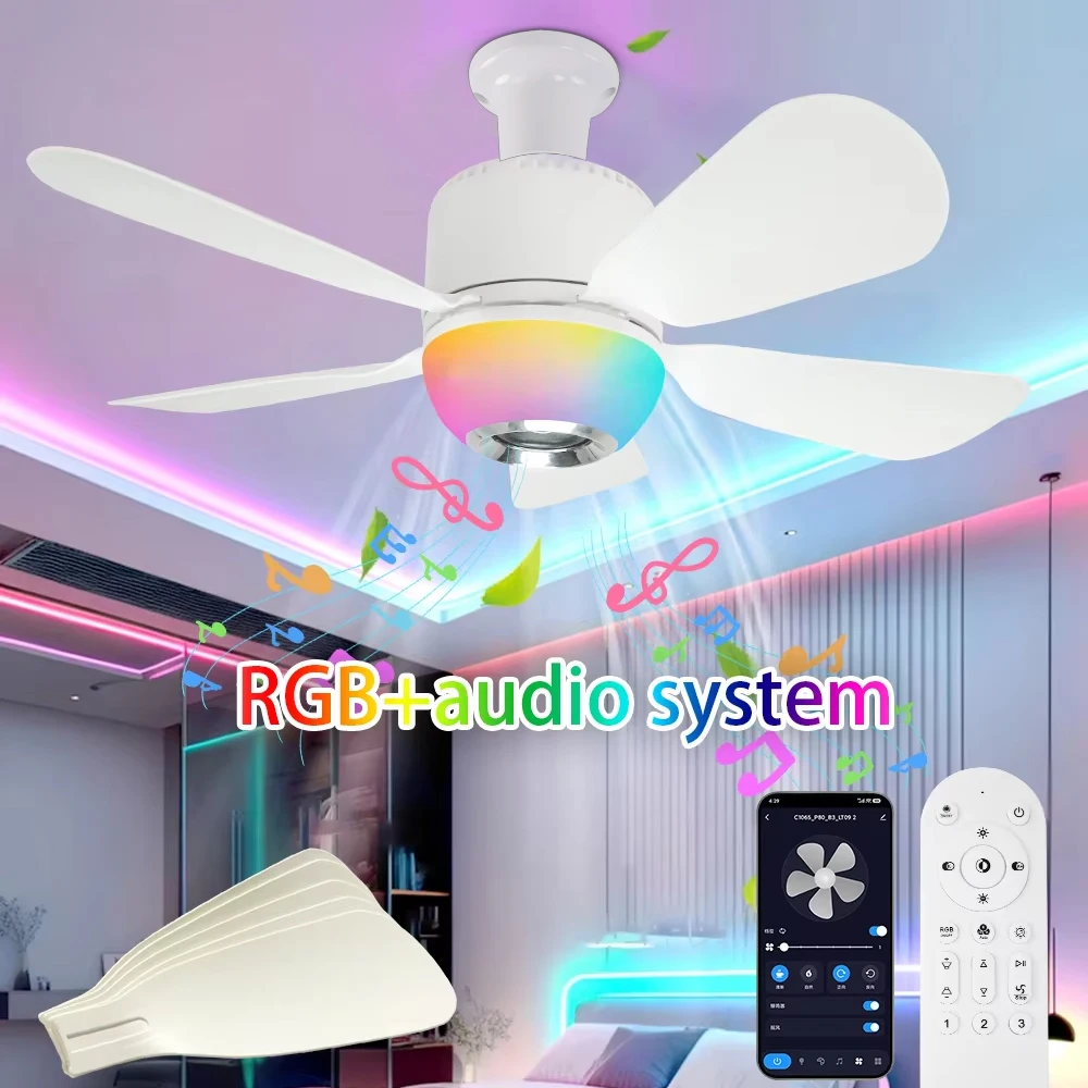 RGB Smartphone Application, E27 Ceiling Fan with Sound Dimming Mode, 3-speed Remote Control Electric Fan, App RC Ceiling Fan