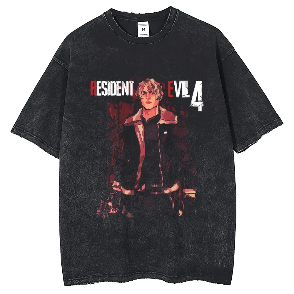 Vintage Washed Black Resident Evil Leon S. Kennedy Oversized T-Shirt – Front Black-and-White Character Portrait Graphic,