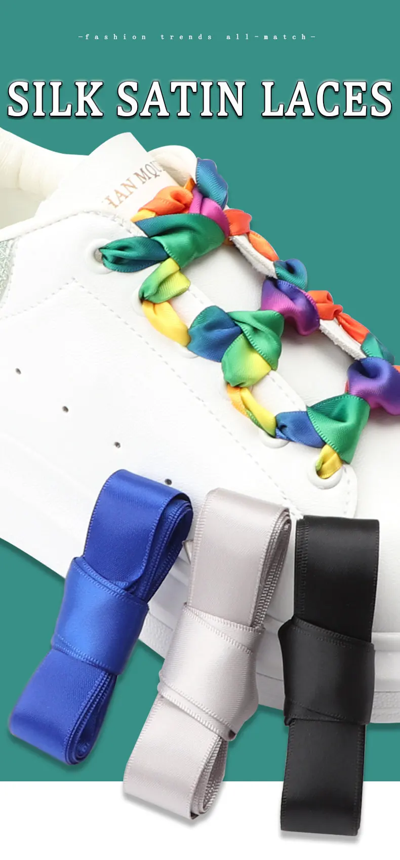 Flaches Seidenband, bunte Schnürsenkel, Candy-Farbverlauf, Satin-Schnürsenkel, Stiefel, Damen-Sneaker, Schnürsenkel, Regenbogen-Schnürsenkel, Schuhband – Detail 1
