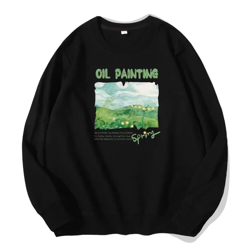 

Women Casual Clothes Pullover Fashion Green Oil Painting Sweatshirt Pure Cotton Hoodies Streetwear Lovers Long Sleeve Tops