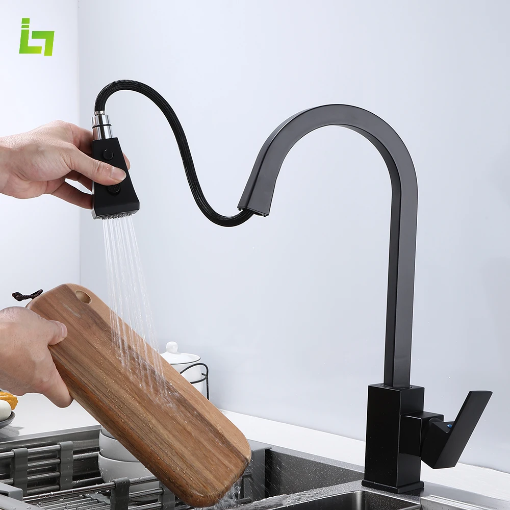 

304 Stainless Steel Kitchen Faucet Cold and Hot Mixer Pull Out Two Function Deck Mounted Tap Square Black Sink Tap