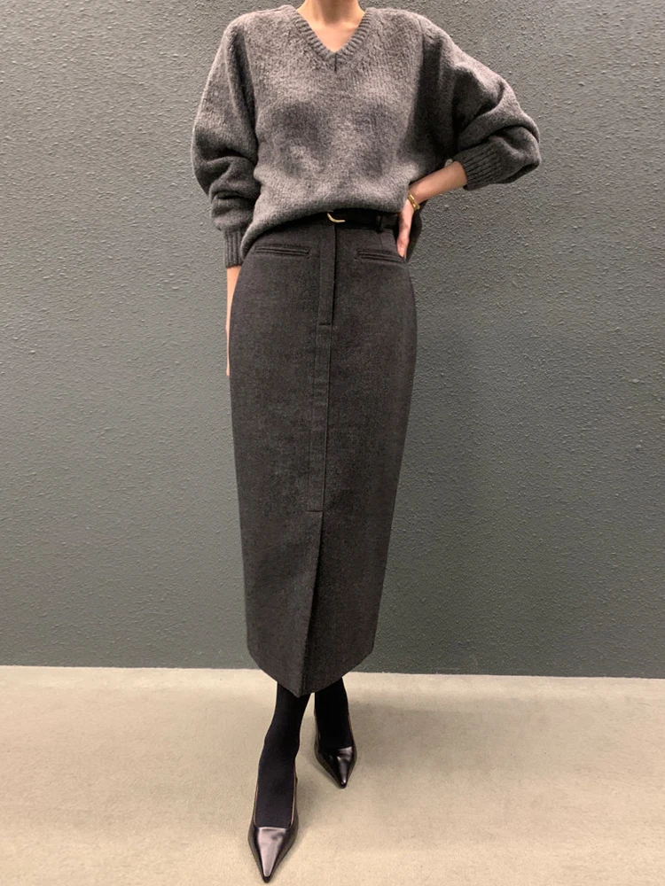 High Waist Slim Fit Woolen  Skirt for Women Autumn Winter New Style Front Slit Straight Tube Skirt City Commute Casual
