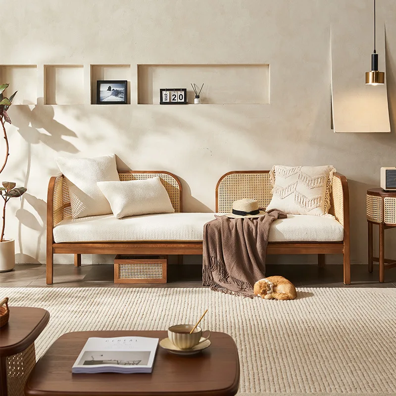 

Wabi Sandy Wind Solid Wood Rattan Sofa Combination Nordic Retro B & B Hotel Furniture Living Room Double Triple Rattan Chair