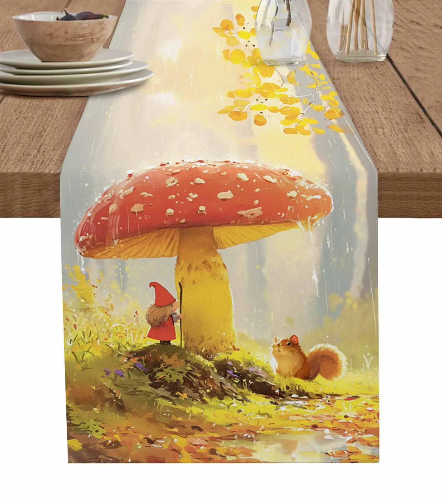 Autumn Mushroom Dwarf Squirrel Oil Painting Table Runners for Dining Room Home Decor Tablecloth 4/6 Pcs Placemats Table Cover