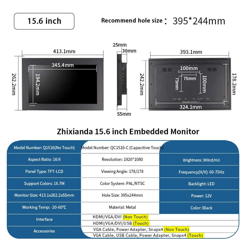 Imagem -06 - Monitor de Tela Sensível ao Toque Zhixainda Montagem do Painel Indústria Lcd Vga Dvi Interface Hdmi 156 1920x1080